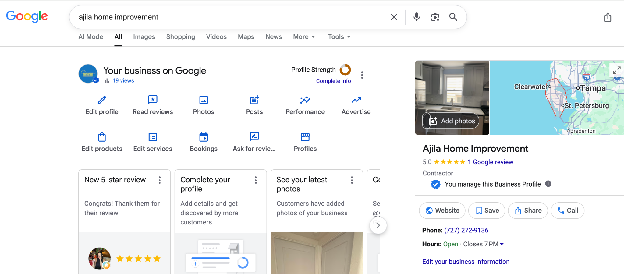 Google profile management screen showing Edit profile, Photos, Edit services, and Bookings controls