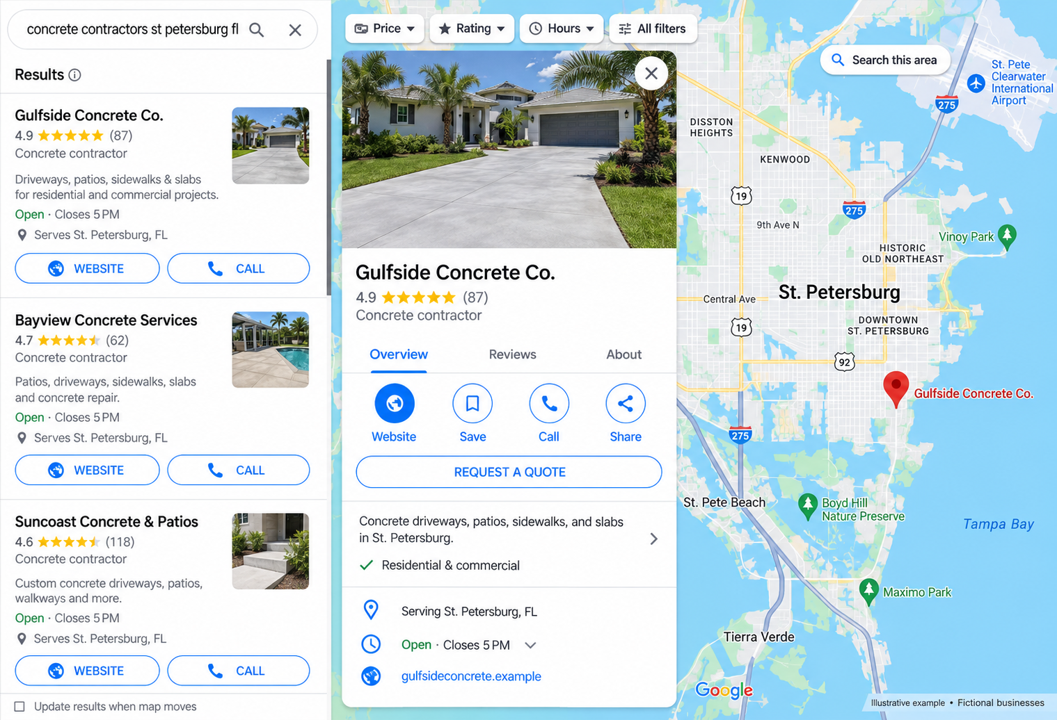 Illustrative concrete contractor search results showing services, project imagery, service area, and contact options