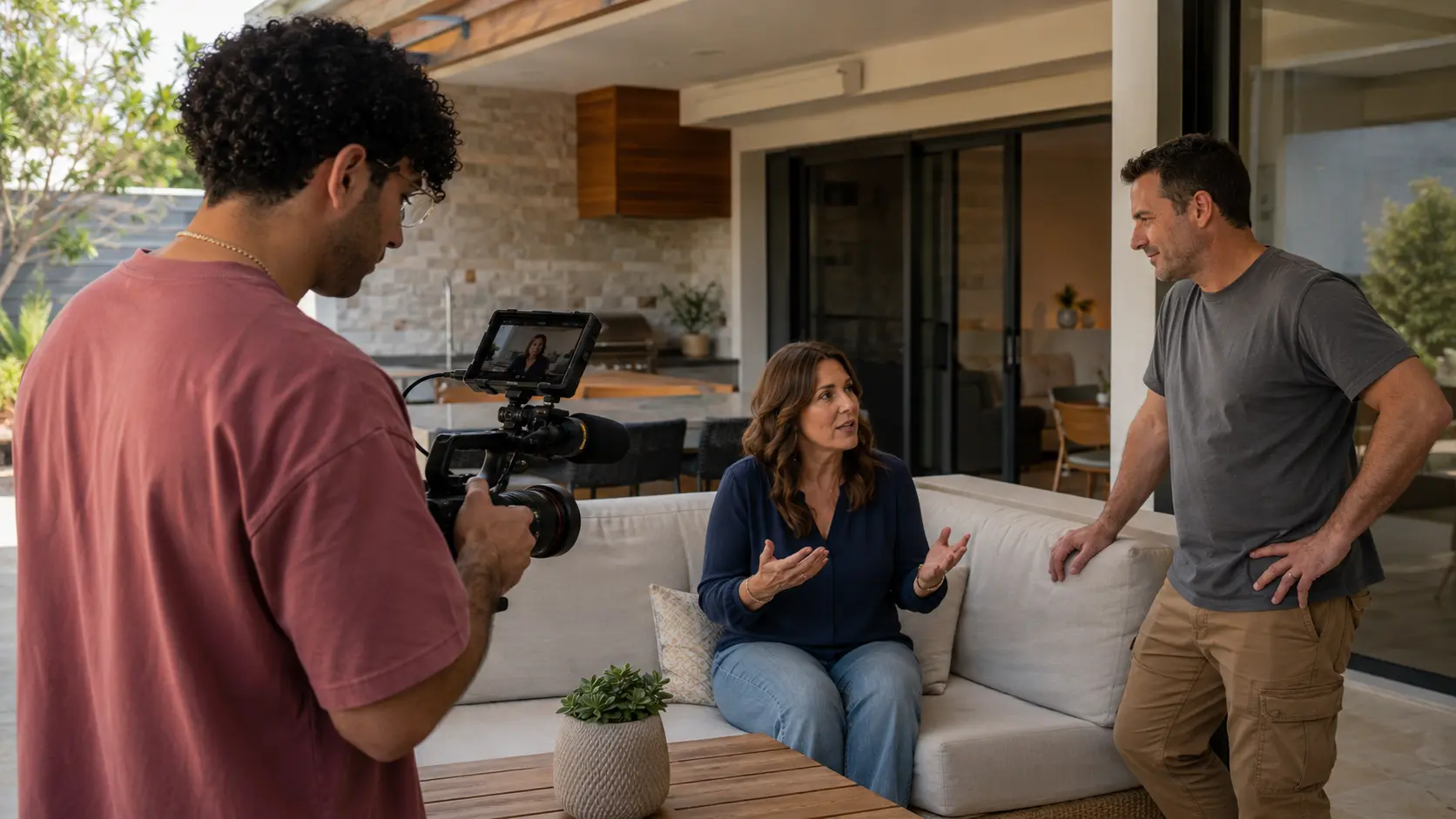 Gabe filming a satisfied homeowner testimonial beside a completed renovation