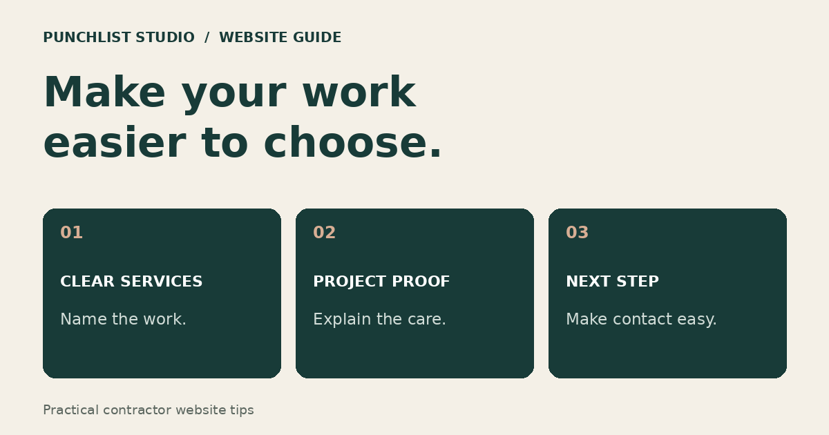 Contractor website guide connecting clear services, project proof, and a useful inquiry path