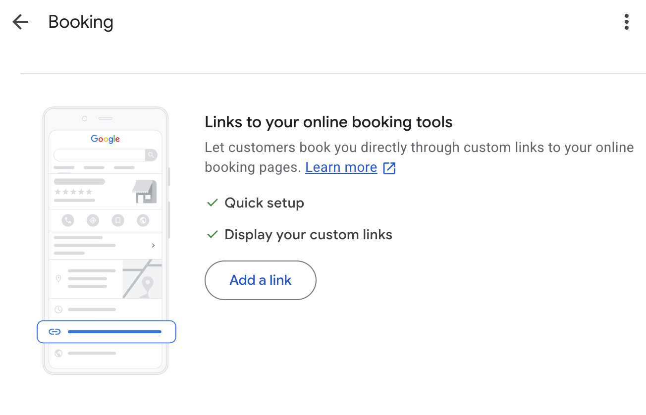 Google Business Profile Booking screen with an Add a link control for online booking pages