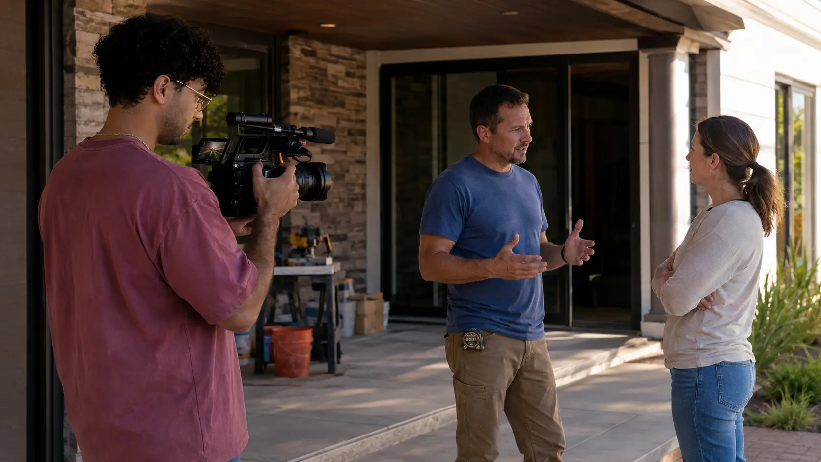 Gabe filming a contractor explaining the quality of his work to a homeowner